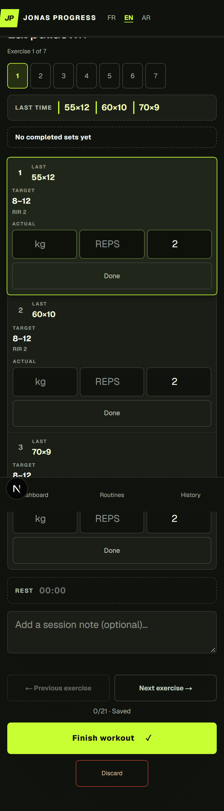 Journal de séance Jonas Progress : performance précédente, cible et réalisé pour chaque série